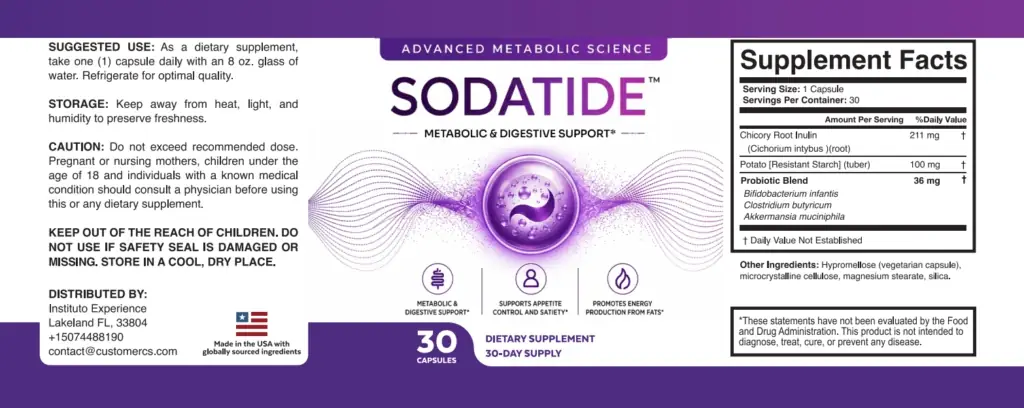 The SodaTide product label showing the full Supplement Facts panel with per-capsule amounts